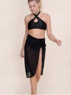 Mono B Black Mesh Sheer Sarong Wrap Swim Cover Up Size Large Beach Vacation